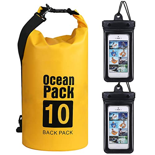 flintronic® Bolsa Impermeable, 10L Bolsa de Hombro Impermeable IP66, para Canoa Kayak Barco Camping Natación Rafting Velo Pesca,Amarillo (Incluye 2 PCS Bolsa Impermeable para Teléfono Celular)