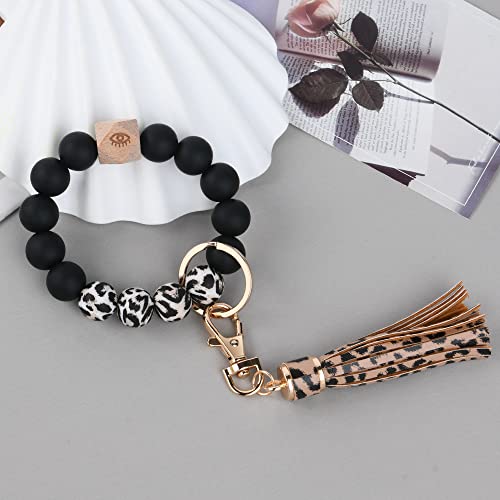 flintronic Pulsera de Silicona para Llavero, Pulsera con Borla de Cuero, Llavero de Silicona con Cuentas Eásticas para Mujeres y Niñas/Amigos,/Familia