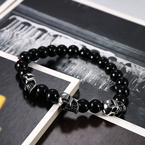 Flongo 8 mm Pulsera de Cuentas Piedras Negra Calaveras Góticas, Estilo Punk Rock Original Pulsera de Hombre, Pulsera de Vidrio Adorno de Halloween