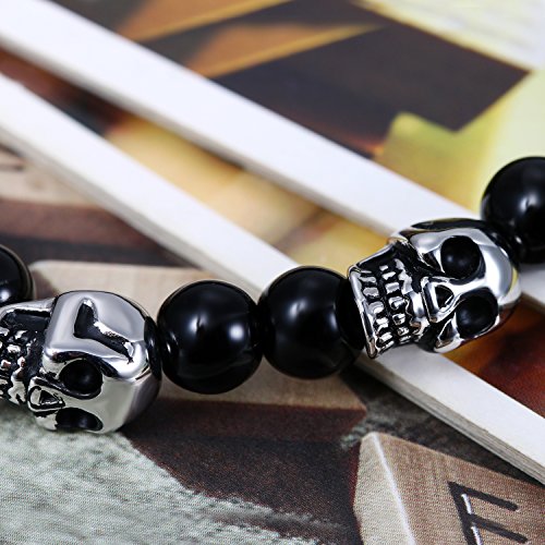 Flongo 8 mm Pulsera de Cuentas Piedras Negra Calaveras Góticas, Estilo Punk Rock Original Pulsera de Hombre, Pulsera de Vidrio Adorno de Halloween