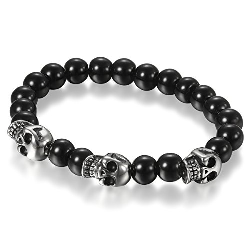 Flongo 8 mm Pulsera de Cuentas Piedras Negra Calaveras Góticas, Estilo Punk Rock Original Pulsera de Hombre, Pulsera de Vidrio Adorno de Halloween