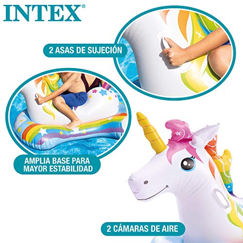 Flotador unicornio INTEX, 163x86 cm, Colchoneta unicornio para niños, Unicornio inflable, Para 1 niños a partir de 3 años, 2 asa de sujeción, Peso máximo 40 Kg, multicolor