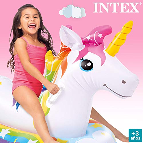 Flotador unicornio INTEX, 163x86 cm, Colchoneta unicornio para niños, Unicornio inflable, Para 1 niños a partir de 3 años, 2 asa de sujeción, Peso máximo 40 Kg, multicolor