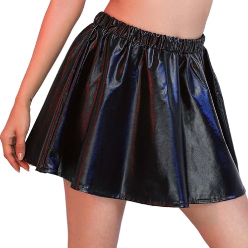 Flovel Falda Plisada Brillante para Mujeres Falda Metálica Líquida Mini Falda Skater Falda Elástica para Fiestas Rave Disfraz de Baile para Mujeres y Niñas(Negro)