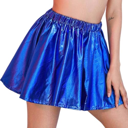 Flovel Falda Plisada Brillante para Mujeres Falda Metálica Líquida Mini Falda Skater Falda Elástica para Fiestas Rave Disfraz de Baile para Mujeres y Niñas(Azul Oscuro)