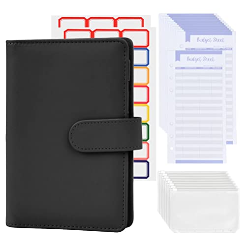 FOCCTS 23Pcs Carpeta de Anillas de Cuero A6,Cuaderno de Presupuesto con Bolsa Transparente con Cremallera con 8 Bolsillos para Carpetas,12 hojas de Presupuesto para Dinero en Efectivo(negro)