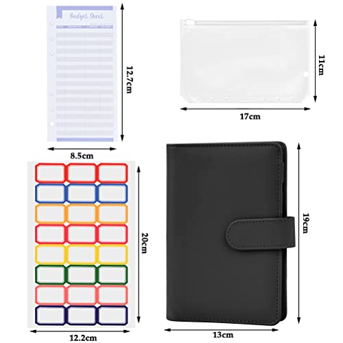 FOCCTS 23Pcs Carpeta de Anillas de Cuero A6,Cuaderno de Presupuesto con Bolsa Transparente con Cremallera con 8 Bolsillos para Carpetas,12 hojas de Presupuesto para Dinero en Efectivo(negro)