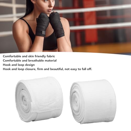 Fockety Manguitos de Boxeo, 2 Manguitos de Boxeo de Algodón Semielástico de 5 Metros, Diseño de Gancho y Lazo, Manguitos Deportivos, Muñequera de Protección para Boxeo, Kickboxing. (White)