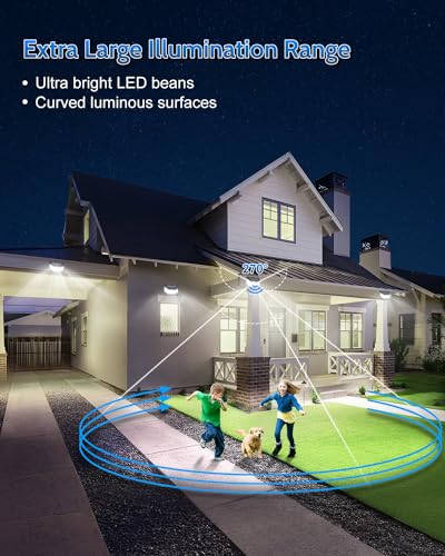 Focos LED Exterior Solares con Sensor de Movimiento IP67 Impermeable Luz Solar, Lampara con Múltiples Superficies Iluminadas Para Jardin, Garaje, 4 Paquete