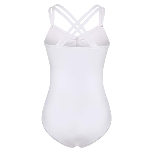 FONLAM Maillot de Ballet para Niña Leotardo Baile Danza Maillot de Gimnasia Clásico Tirantes Cruzados Actuación Fiesta Niña (5-6 Años, Blanco)