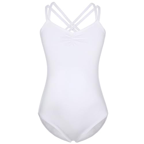 FONLAM Maillot de Ballet para Niña Leotardo Baile Danza Maillot de Gimnasia Clásico Tirantes Cruzados Actuación Fiesta Niña (5-6 Años, Blanco)