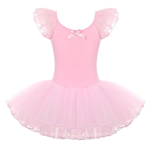 FONLAM Vestido Maillot de Danza Ballet para Nina Leotardo de Baile Ballet Tutú Tul Niña Infantil Mangas con Volantes (Rosa, 4-5 años)