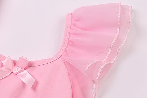 FONLAM Vestido Maillot de Danza Ballet para Nina Leotardo de Baile Ballet Tutú Tul Niña Infantil Mangas con Volantes (Rosa, 4-5 años)