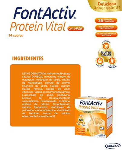 FontActiv Protein Vital Vainilla- Complemento Alimenticio con Proteínas, HMB, Vitaminas y Minerales para Adultos- 14 sobres x 30 gr