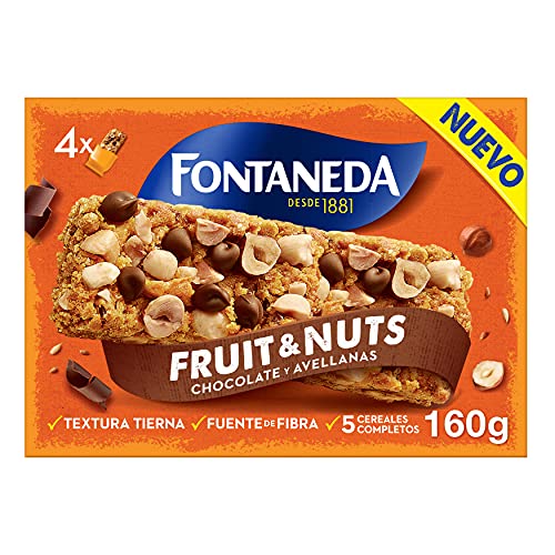 Fontaneda Barritas de 5 Cereales Completos con Avellanas y Pepitas de Chocolate, Sin Colorantes Ni Conservantes, Fuente natural de Fibra y Magnesio 160g