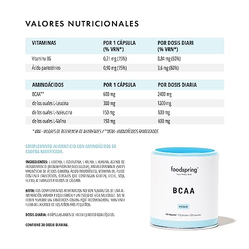 foodspring BCAA, 120 cápsulas, BCAA de origen vegetal, aminoácidos esenciales para los músculos