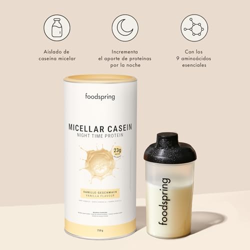 foodspring Caseina micelar para la recuperación nocturna - Proteinas de caseina en polvo para el crecimiento muscular - 23g de proteína por batido de caseina sin azúcar (750g | Vainilla)