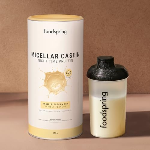 foodspring Caseina micelar para la recuperación nocturna - Proteinas de caseina en polvo para el crecimiento muscular - 23g de proteína por batido de caseina sin azúcar (750g | Vainilla)