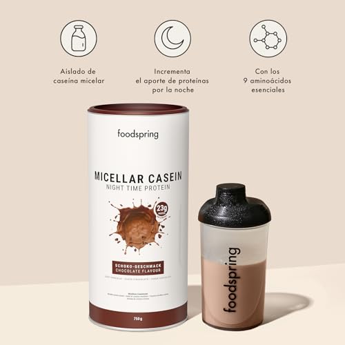 foodspring Caseina micelar para la recuperación nocturna - Proteinas de caseina en polvo para el crecimiento muscular - 23g de proteína por batido de caseina sin azúcar (750g | Chocolate)