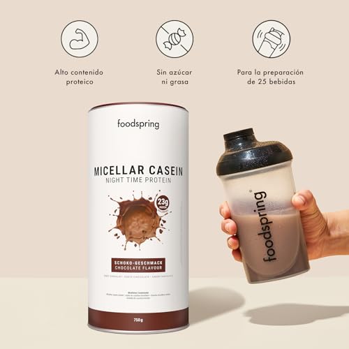 foodspring Caseina micelar para la recuperación nocturna - Proteinas de caseina en polvo para el crecimiento muscular - 23g de proteína por batido de caseina sin azúcar (750g | Chocolate)