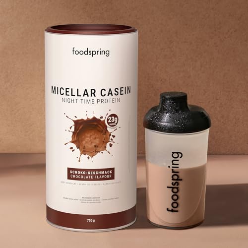 foodspring Caseina micelar para la recuperación nocturna - Proteinas de caseina en polvo para el crecimiento muscular - 23g de proteína por batido de caseina sin azúcar (750g | Chocolate)