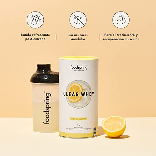 foodspring Clear Whey, limonada, 480 g, batido de proteínas ligero y refrescante con aislado de suero