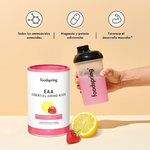 foodspring EAA Aminoácidos Esenciales en Polvo con Electrolitos para el desarrollo muscular - sin azúcar (420g | 30 porciones | 1 cuchara dosificadora = 14g | Fresa y Limón)