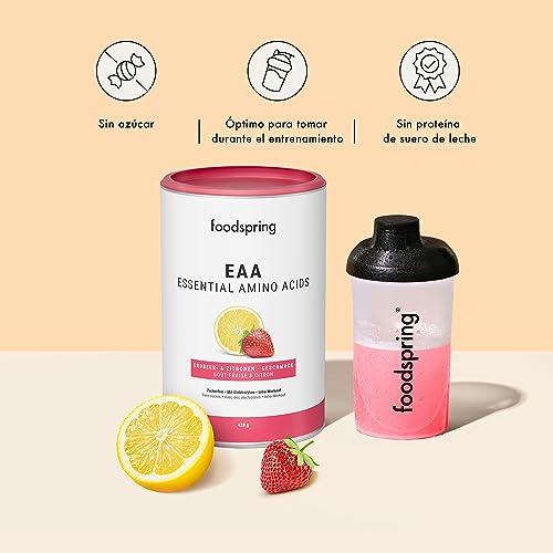 foodspring EAA Aminoácidos Esenciales en Polvo con Electrolitos para el desarrollo muscular - sin azúcar (420g | 30 porciones | 1 cuchara dosificadora = 14g | Fresa y Limón)