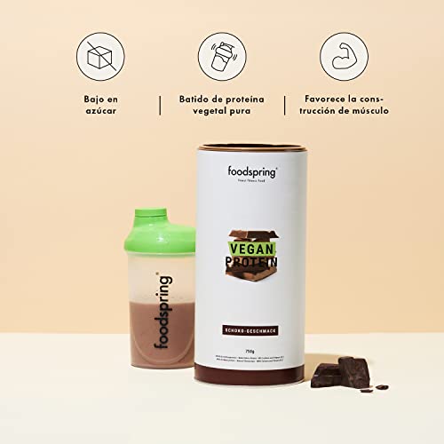 foodspring Proteína Vegana Chocolate - 20 g de proteína por batido, B12, B6, ácido fólico, biotina, calcio y zinc, sin soja, sin gluten - 750g