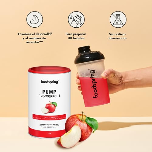 foodspring Pump Pre Entreno de refuerzo - Bebida preentreno gimnasio fuerte sin cafeína ni azúcar - Pre entrenos potentes para el crecimiento y el rendimiento muscular (390g | Manzana Ácida)