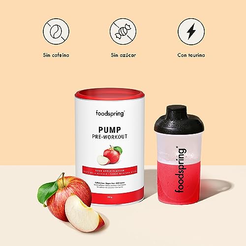 foodspring Pump Pre Entreno de refuerzo - Bebida preentreno gimnasio fuerte sin cafeína ni azúcar - Pre entrenos potentes para el crecimiento y el rendimiento muscular (390g | Manzana Ácida)