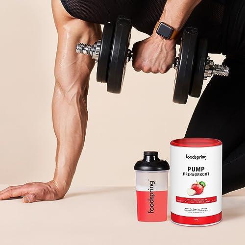 foodspring Pump Pre Entreno de refuerzo - Bebida preentreno gimnasio fuerte sin cafeína ni azúcar - Pre entrenos potentes para el crecimiento y el rendimiento muscular (390g | Manzana Ácida)