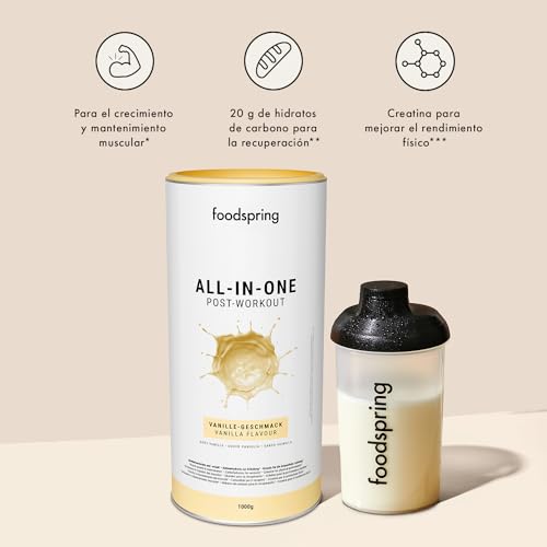 foodspring Recuperador muscular post entreno integral - 20g de carbohidratos por ración para la recuperación después de entrenar - alto contenido en proteínas y poco azúcar (1000g | vainilla)