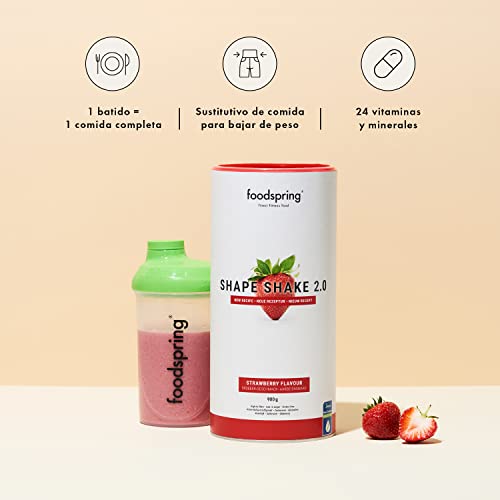 foodspring Shape Shake 2.0 Fresa - batido completo, sustitutivo de comida con proteína premium para controlar el peso, 209 kcal por ración, sin gluten - 900g