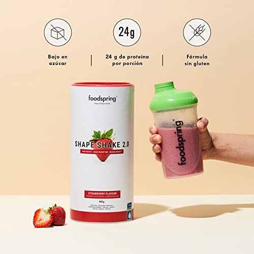 foodspring Shape Shake 2.0 Fresa - batido completo, sustitutivo de comida con proteína premium para controlar el peso, 209 kcal por ración, sin gluten - 900g