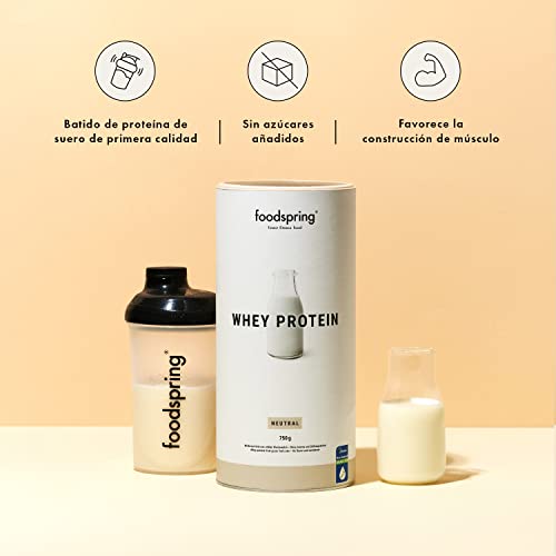 foodspring Whey Proteína Polvo Neutro - 24g de proteína para construcción muscular, perfectamente soluble, leche de libre pastoreo, rica en BCAAs y EAAs - 750g