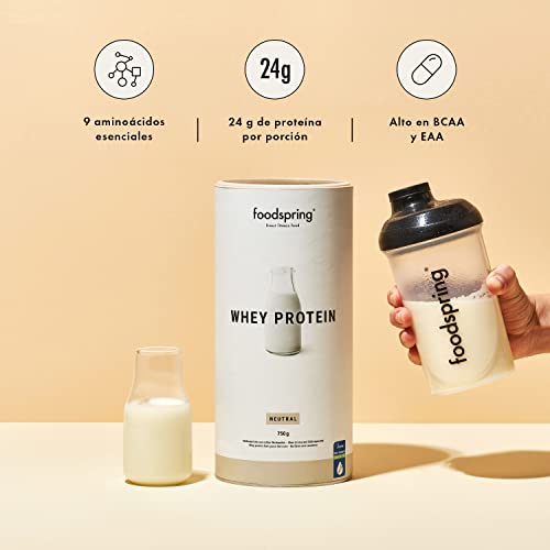 foodspring Whey Proteína Polvo Neutro - 24g de proteína para construcción muscular, perfectamente soluble, leche de libre pastoreo, rica en BCAAs y EAAs - 750g