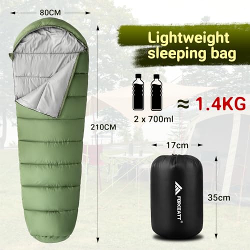 Forceatt Saco de Dormir, 10℃~20℃ 3-4 Estaciones Saco de Dormir de Verano Compacto para Adultos, Pequeño Paquete y Ultraligero (1400g), Resistente al Agua y al Desgarro,Ideal para Camping y Trekking