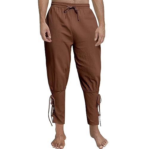 FORMIZON Pantalones Medievales para Hombre, Pantalón Pirata Vikingo Medieval con Bolsillos, Pantalones de Correa de Tobillo Retro, Bombachos Renacentistas Textura de Algodón y Lino, S-3XL(Marrón, XXL)