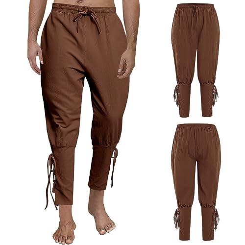 FORMIZON Pantalones Medievales para Hombre, Pantalón Pirata Vikingo Medieval con Bolsillos, Pantalones de Correa de Tobillo Retro, Bombachos Renacentistas Textura de Algodón y Lino, S-3XL(Marrón, XXL)