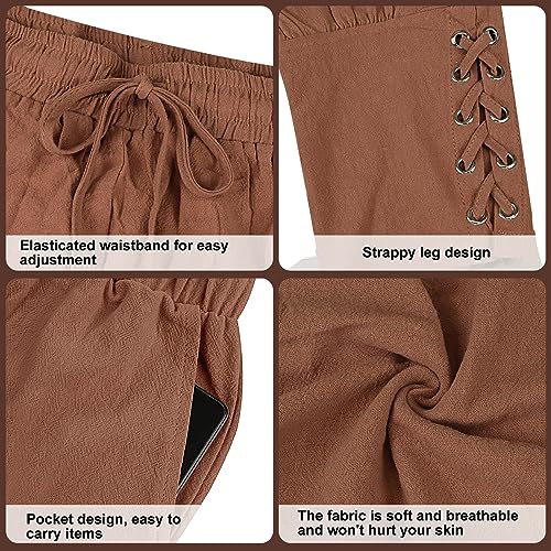 FORMIZON Pantalones Medievales para Hombre, Pantalón Pirata Vikingo Medieval con Bolsillos, Pantalones de Correa de Tobillo Retro, Bombachos Renacentistas Textura de Algodón y Lino, S-3XL(Marrón, XXL)