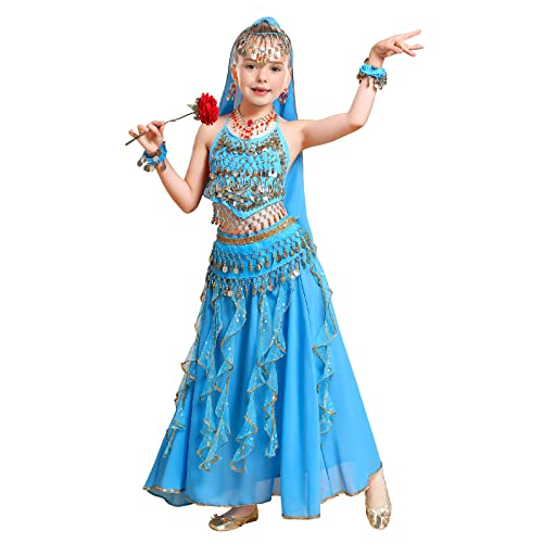 FORMIZON Traje de Danza del Vientre para Niñas, 6 Piezas Mujer Señoras Danza del Vientre Conjunto de Vestuario Danza India Rendimiento Outfit, Niños Traje de Princesa Conjunto de Carnaval (S, Azul)