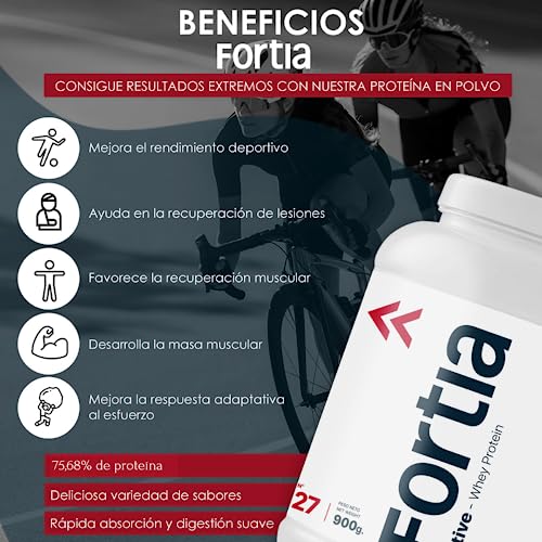 Fortia Proteinas Whey | Proteinas para Masa Muscular - Proteina en Polvo | Materias Primas Europeas - Whey Protein | Recuperación y Desarrollo Muscular | 900gr Chocolate