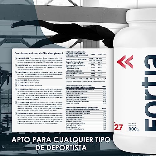 Fortia Proteinas Whey | Proteinas para Masa Muscular - Proteina en Polvo | Materias Primas Europeas - Whey Protein | Recuperación y Desarrollo Muscular | 900gr Chocolate