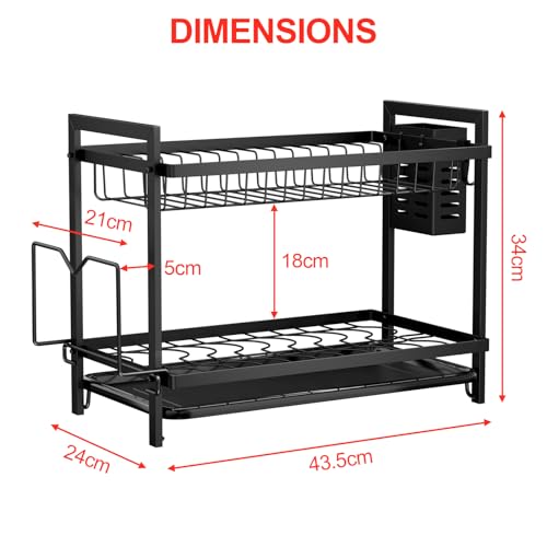 Fousenuk Escurreplatos Grande Negro sobre Fregadero, de 2 Niveles, con Bandeja Recogegotas y Portacubiertos para la Vajilla