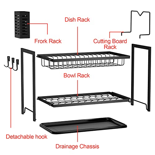 Fousenuk Escurreplatos Grande Negro sobre Fregadero, de 2 Niveles, con Bandeja Recogegotas y Portacubiertos para la Vajilla