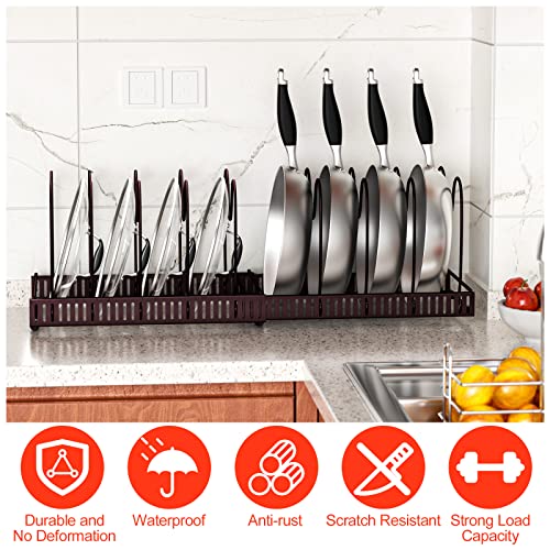 Fousenuk Organizador de Sartenes, Soporte Sartenes Expandible de Cocina, Separador de Sartenes Ajustable con 10 Compartimentos, Estante Ollas y Tapas, Sujeta Tapas Cocina de Metal (Bronce)