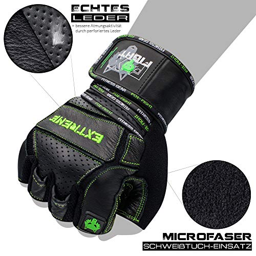 FOX-FIGHT Guantes de fitness de entrenamiento para deportes de fuerza, para hombre y mujer, de piel, con muñequera para entrenamiento de fuerza, levantamiento de pesas extremo, color verde, M