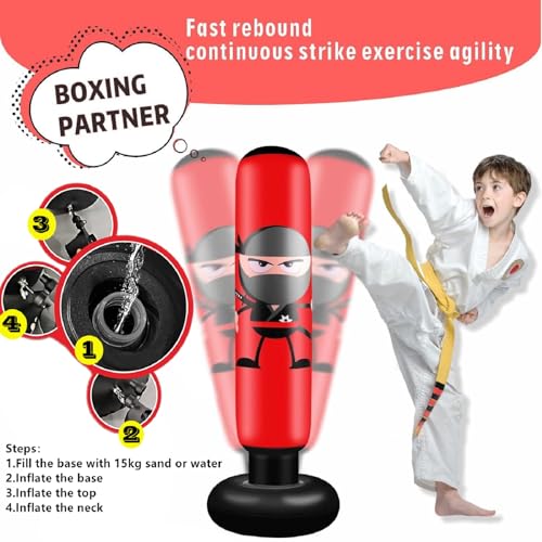 FOYOCER Saco de Boxeo Niños con Guantes de Boxeo 160cm Ninja Saco de Boxeo para Niños 3-12 con Rebote Inmediato para Practicar MMA Karate Taekwondo Regalo Ideal para Niños y Niñas 2023 Nuevo