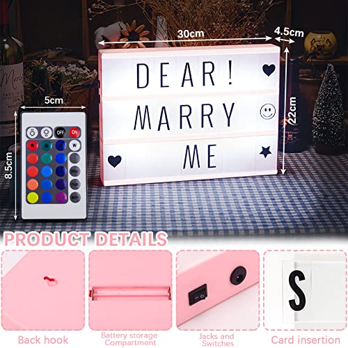 Frasheng Caja de Luz A4 Rosa con 192 Letras,Divertidos Emojis,Cartel Luminoso LED,Caja de Luz de Cine,Para Mensajes Personalizados,Decoración de Habitación,Boda,Aniversario,Cumpleaños,Fiesta